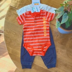 Carter's 3 Piece Striped Orange, White and Blue Baby Onesie with Denim Pants